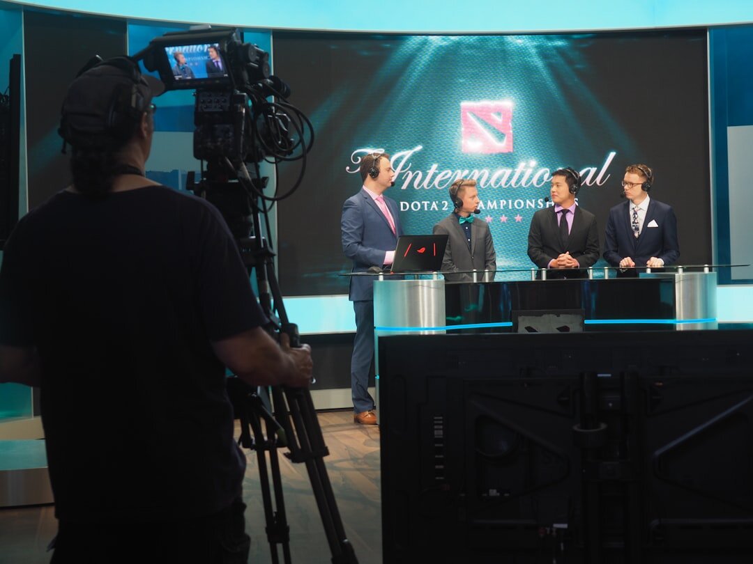 Professional teleprompter device in front of a broadcast camera